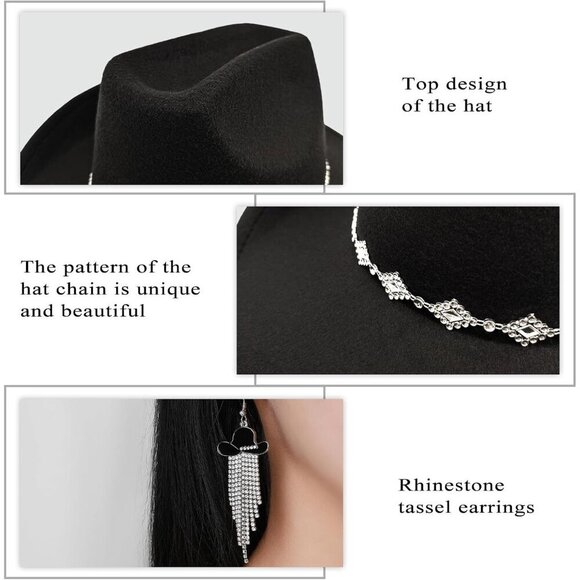 Western Cowgirl Hat Felt Wide Brim Rhinestone with Bandana and Earrings main image 6